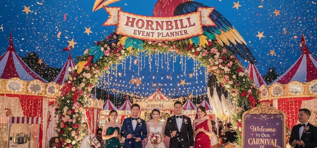 "A grand carnival-themed wedding entrance featuring a large colorful hornbill sculpture above a floral archway. The sign reads Hornbill Event Planner, with a bride, groom, and wedding party standing on a red carpet amidst confetti, circus tents, and vintage popcorn machines