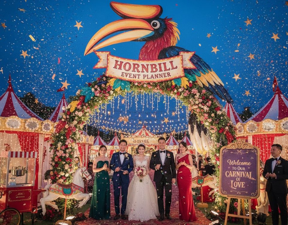 "A grand carnival-themed wedding entrance featuring a large colorful hornbill sculpture above a floral archway. The sign reads Hornbill Event Planner, with a bride, groom, and wedding party standing on a red carpet amidst confetti, circus tents, and vintage popcorn machines