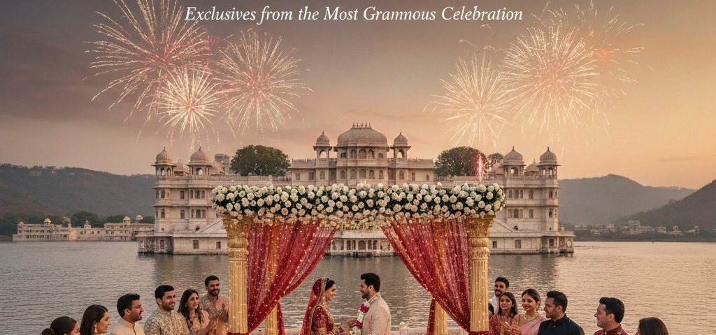 Celebrity wedding ceremony in Udaipur featuring a royal palace backdrop, lakefront mandap, luxury decor, traditional Indian wedding rituals, and fireworks celebration