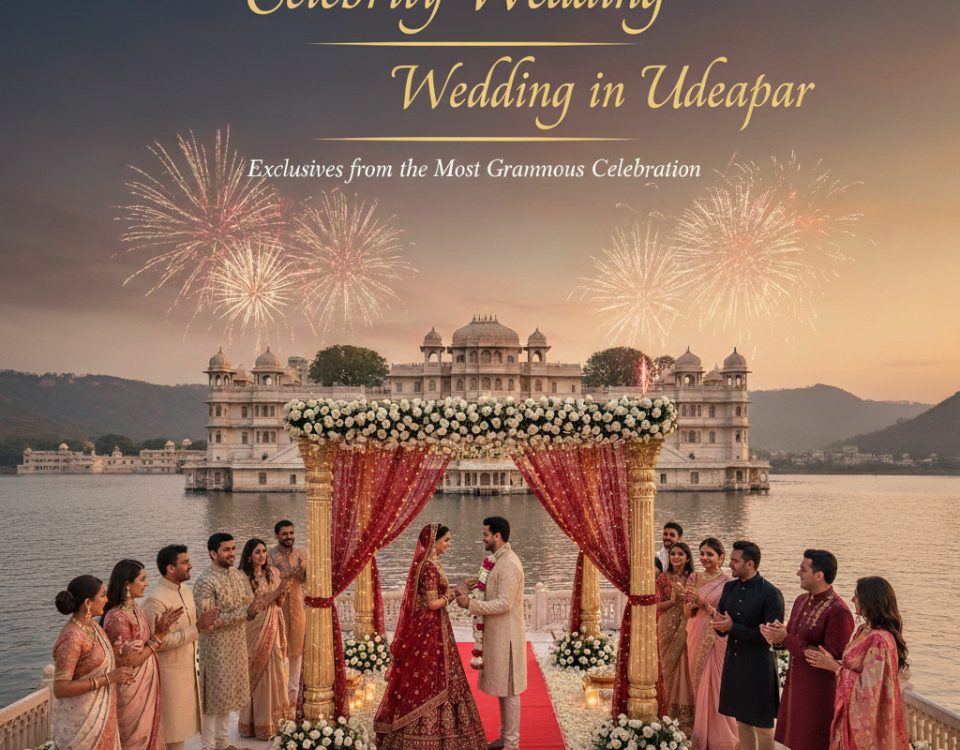 Celebrity wedding ceremony in Udaipur featuring a royal palace backdrop, lakefront mandap, luxury decor, traditional Indian wedding rituals, and fireworks celebration